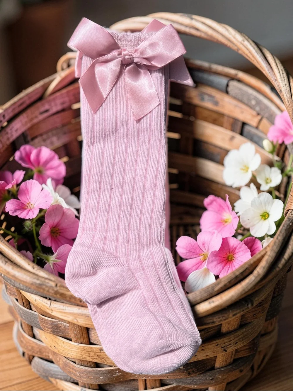 Pink Ribbed Bow Knee-High Socks For Toddlers